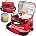Bolsa de medicina para viajar con bolsa pequeña portátil, doble capa organizador de botellas almacenamiento con aislante de aislamiento, caja de carga de medicamentos con el cuero de hombro rojo (sólo de baño)