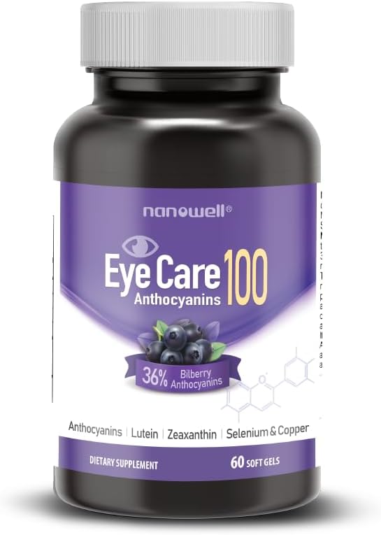 NANOWELL EyeCare Anthocyanins 100 - Suplemento de Salud Ocular con Bilberry, Zeaxanthin, Lutein, Anthocyanins, Vitamina A, E, Selenium & Copper - 60 Softgels, 60 Day Supply