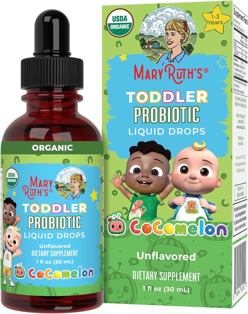 MaryRuth Organics Cocomelon Toddler Probiotic Liquid Drops ← Kids Probiotics for Ages 1-3  5 Probiotic Strains ← 150 Billion CFU Per Serving  durable USDA Organic ← Sugar Free ← Gluten Free ← 1 Fl Oz