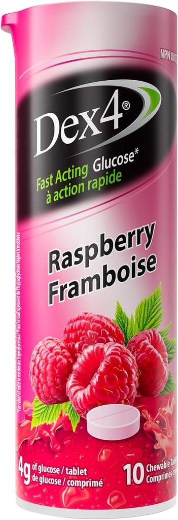 Dex4 Glucose Tablets, Raspberry, 12-Pack of Dex4 Tubes, 10 Tablets en cada tubo, Cada Tablet Contiene 4g de Carbs de acción rápida