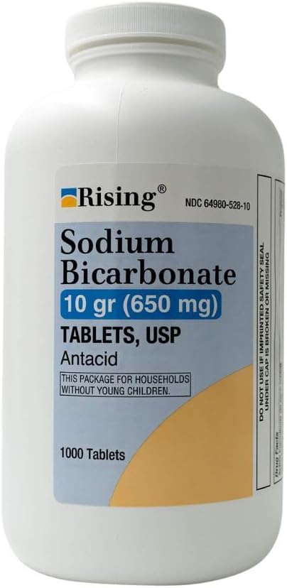 Rising Pharma - Bicarbonato de sodio 650mg - Ácido usado para la indigestión de ácido, acidez, picazón de estómago - 1000 Cuadros