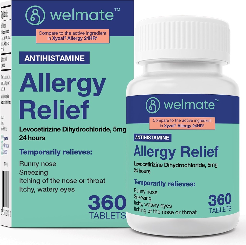 WELMATE - Levocetirizine Dihydrochloride 5mg (360 ct) - Non Drowsy Alergy Medicine - 24 horas - Antihistamine - Generic Allergy Pills - Over-The-Counter Medication