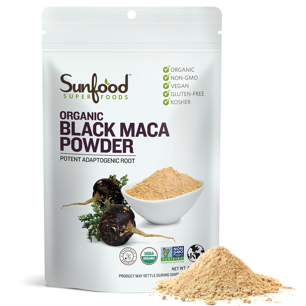 Sunfoods Superfoods Organic Black Maca Powder - Black Maca Root Powder, Black Maca Root for Men &amp; Women, Peruano, Raw, Vegan, Premium Black Maca Powder - 4 oz Bag