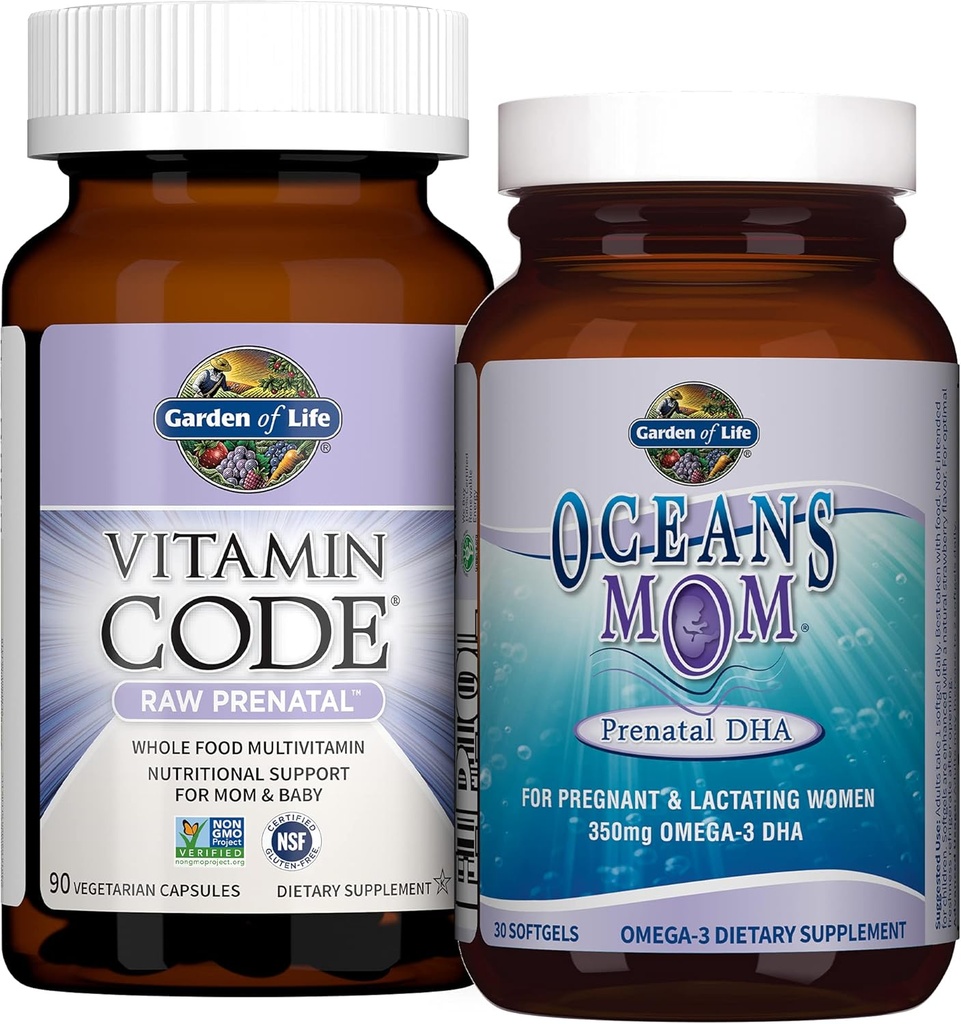 Garden of Life Prenatal Multi + DHA Bundle: Vitamin Code Raw Prenatal Multivitamin with Folate, 90 Vegetarian Capsules Plus Oceans Mom DHA Once Daily, 350mg DHA Fish Oil, 30 Strawberry Softgels