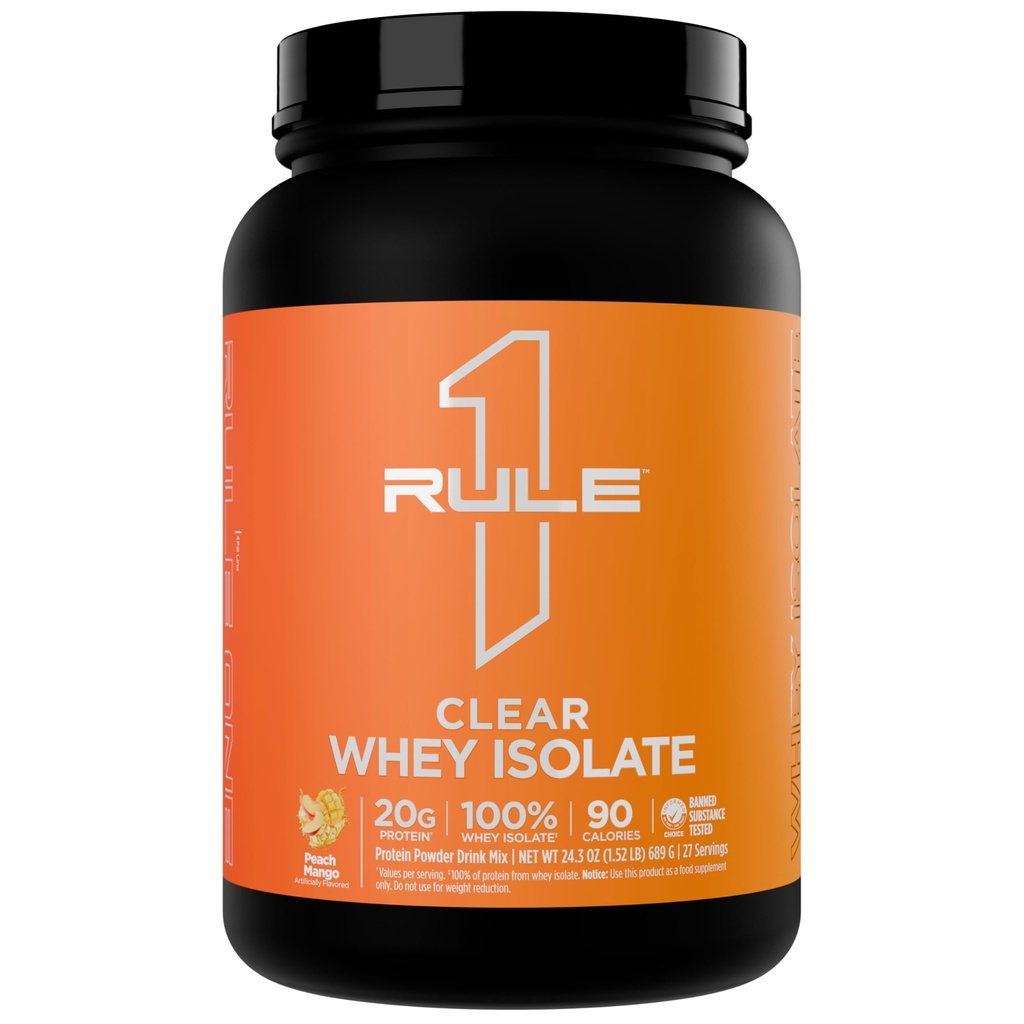 Regla 1 Borrar el aislamiento Whey - 20g Proteína de aislamiento completo, más de 9g EAAs, 300 mg de minerales electrolitos, 90 calorías, luz, crisis y sabor refrescante (27 servidos, mango de melocotón)