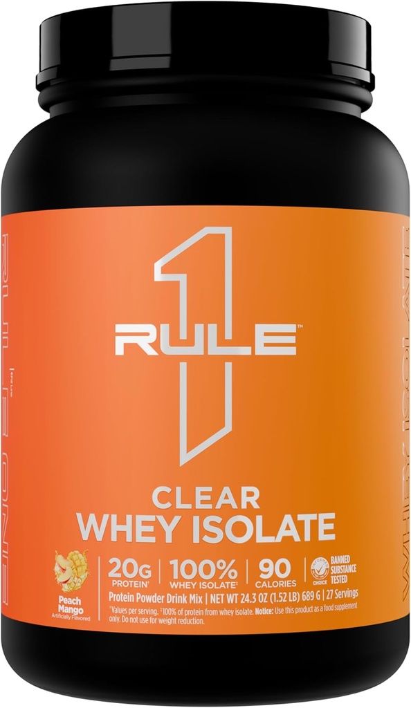 Regla 1 Borrar el aislamiento Whey - 20g Proteína de aislamiento completo, más de 9g EAAs, 300 mg de minerales electrolitos, 90 calorías, luz, crisis y sabor refrescante (27 servidos, mango de melocotón)