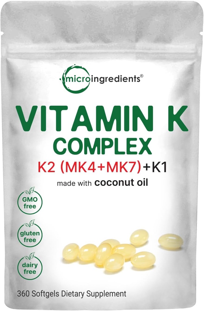 Micro Ingredientes Super Complejo de Vitamina K (K2 MK7 + MK4 & K1), 360 Aceite de coco Softgles ← Fácilmente Absorbed K Vitaminas, Complejo de Menaquinona Activa