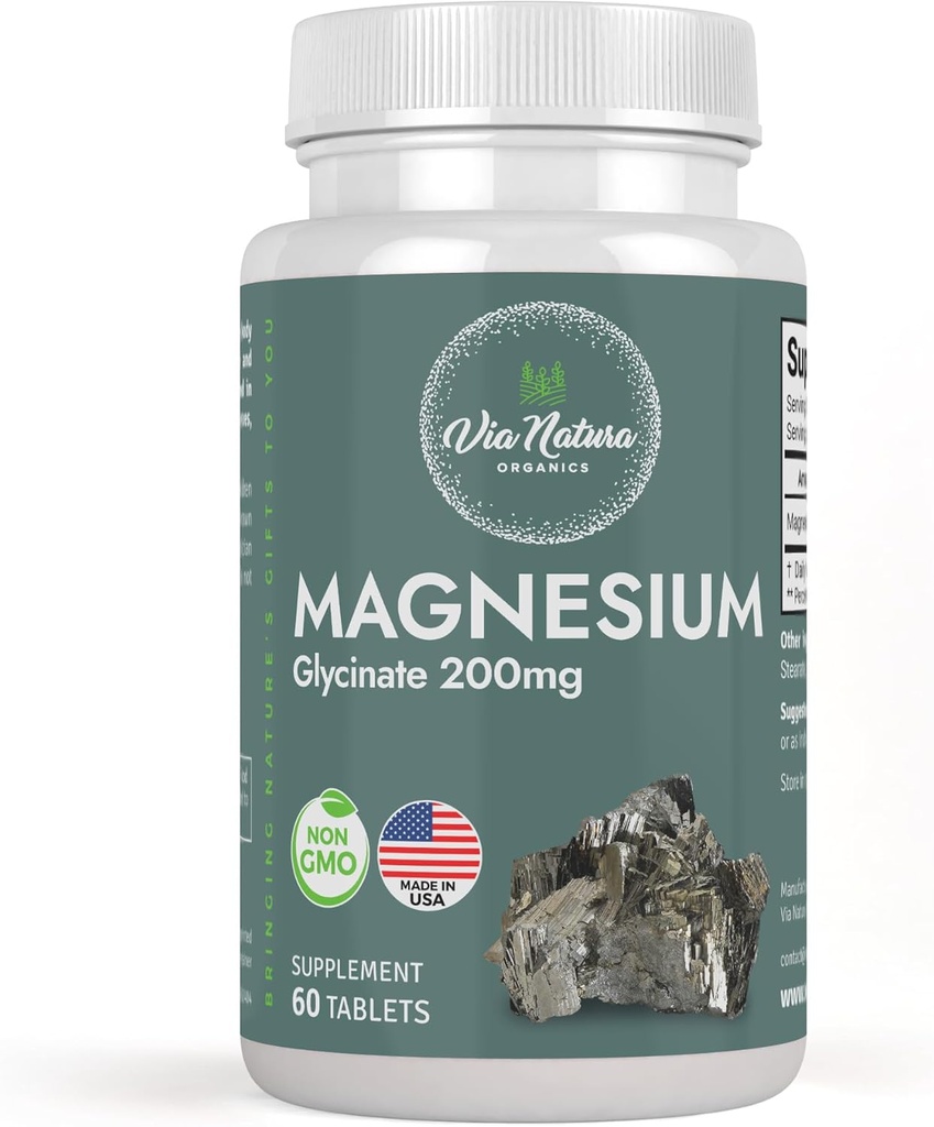 Magnesio Glycinate 200 mg TENIDO Gluten Gratis TENIDO Non-GMO TENIDO 60 Tablas por Via Natura Organics