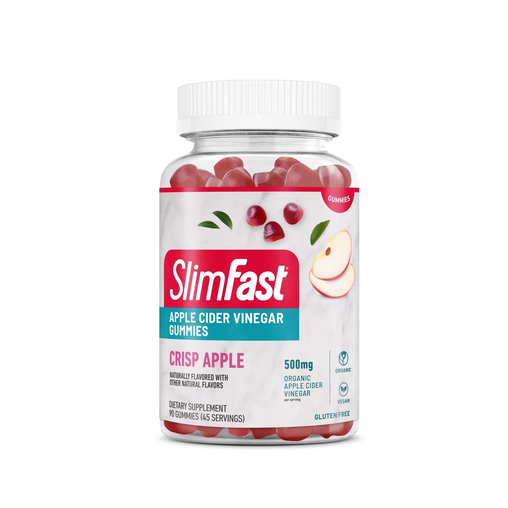 SlimFast Apple Cider Vinegar Gummies, Suplemento dietético con 500 mg Organic Apple Sider Vinegar por Serving, Crisp Apple Flavor, 45 Servings (Packaging May Vary)