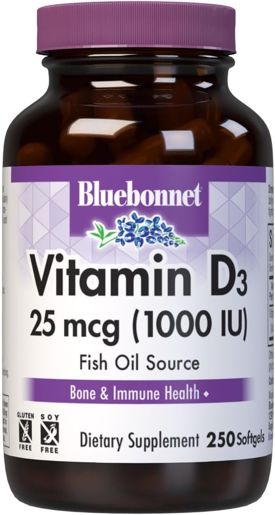Bluebonnet Nutrition Vitamin D3 1000 IU Softgels, Ayudas en el crecimiento muscular y esquelético, Cholecalciferol de Fish Oil, Non GMO, Gluten Free, Soy Free, Dairy Free, 250 Softgels