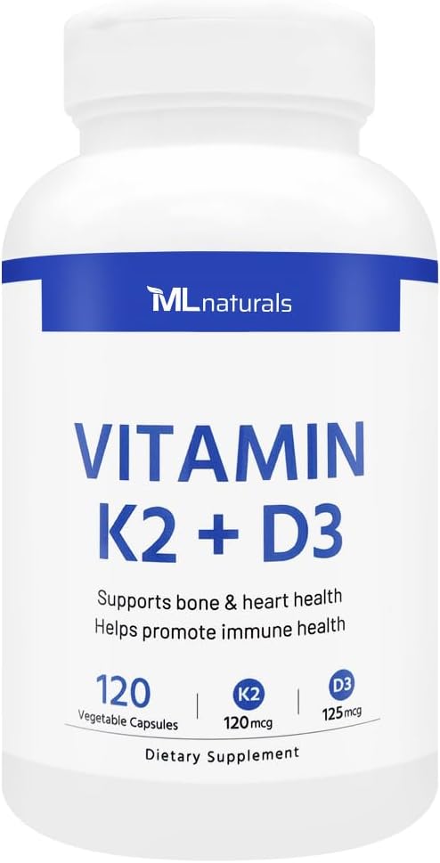 ML Naturals Vitamina K2 + D3 120 cápsulas vegetales, NSF-Certified &amp; cGMP-Compliant