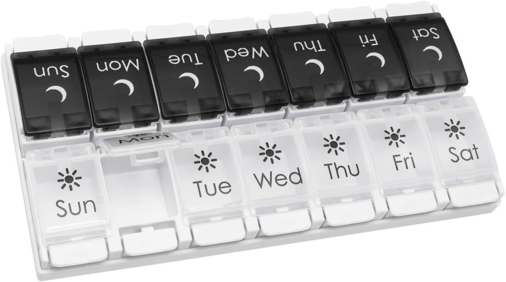 EZY DOSE Push Button (7-Day) Pill Case, Medicine Planner, Vitamin Organizer, 2 veces al día AM/PM, Bandejas extraíbles, Compartimientos Grandes, Artritis Friendly, Spring Open Black and White Lids, BPA Free