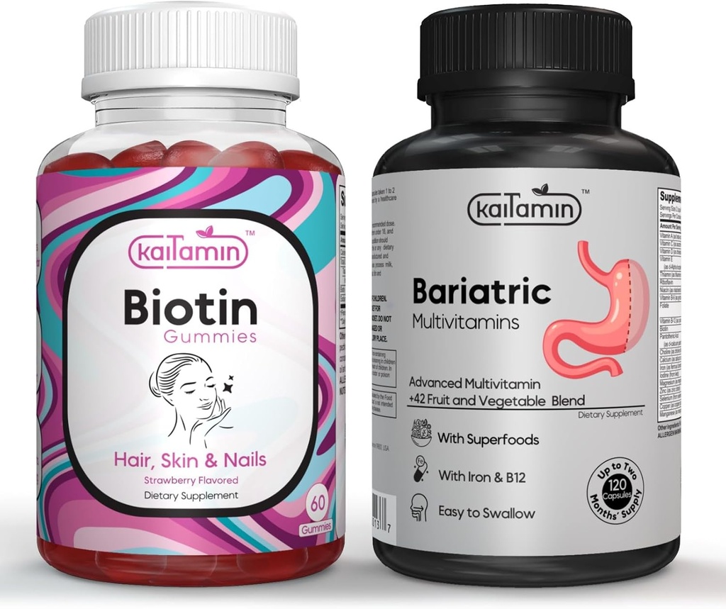 Bariatric Multivitamin with Iron for Post-Bariatric Surgery + Biotin Vitamin B7 Gummies 5000 mcg per Serving - with Elderberry and Coconut Oil (Bundle)