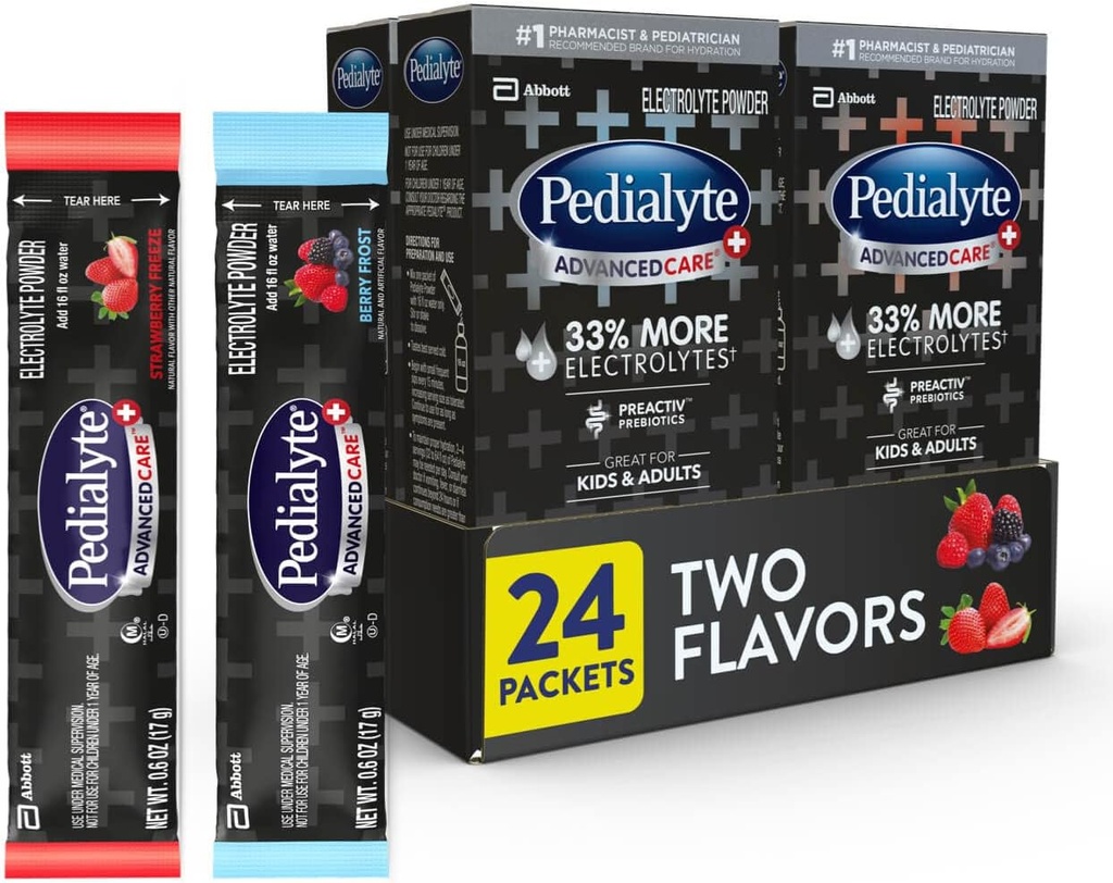 Pedialyte AdvancedCare Plus Electrolyte Powder, tiene 33% más Electrolytes y PreActiv Prebiotics, Variety Pack: Berry Frost y Strawberry Freeze, 24 Powder Packets