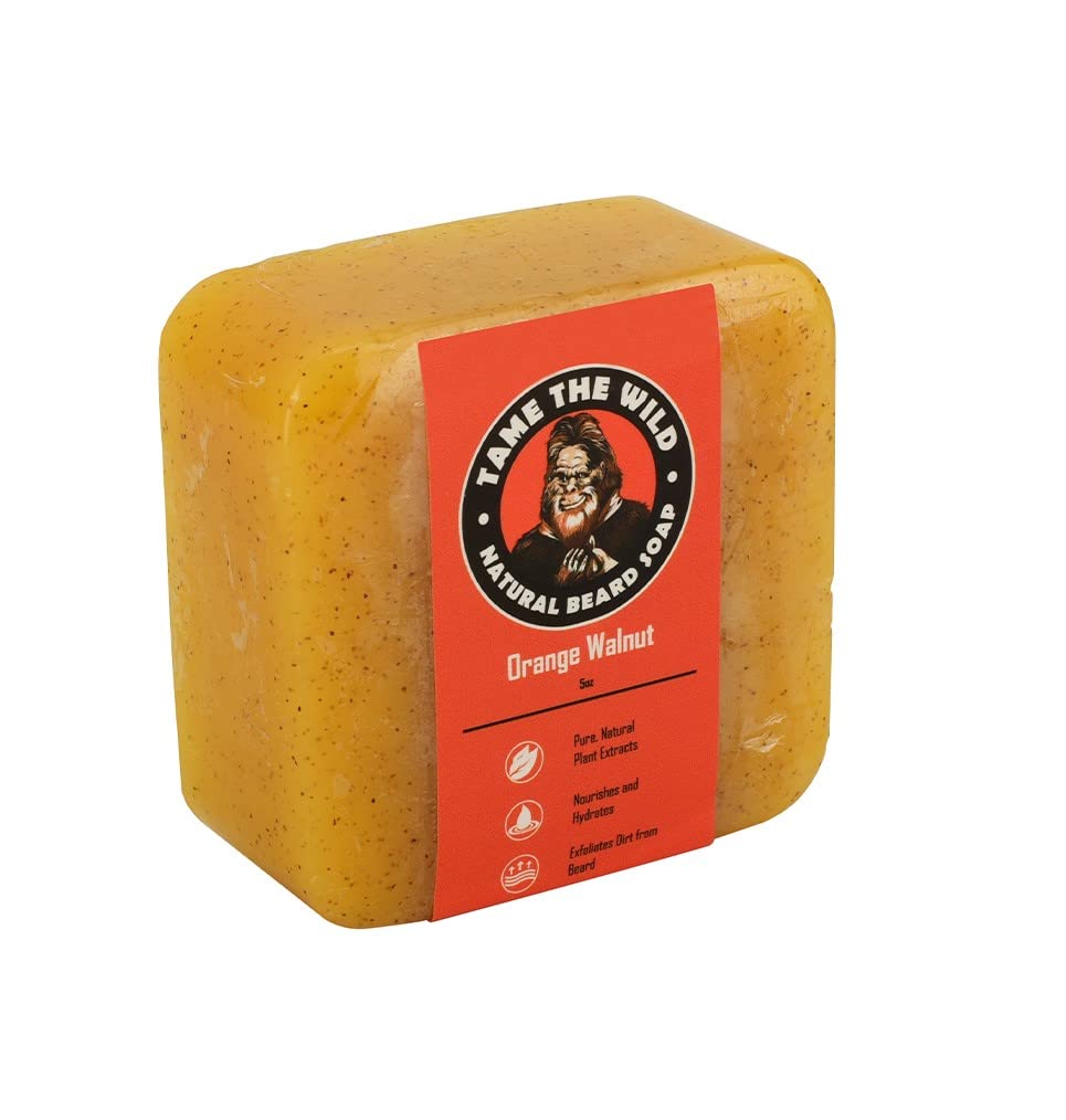 TAME THE WILD Orange Walnut Beard Soap Bar - 5 oz Exfoliating Beard Wash and Face Scrub - Shea Butter and Coconut Oil Cleanser - Hidrating Grooming Soap - Regalos del Día del Padre