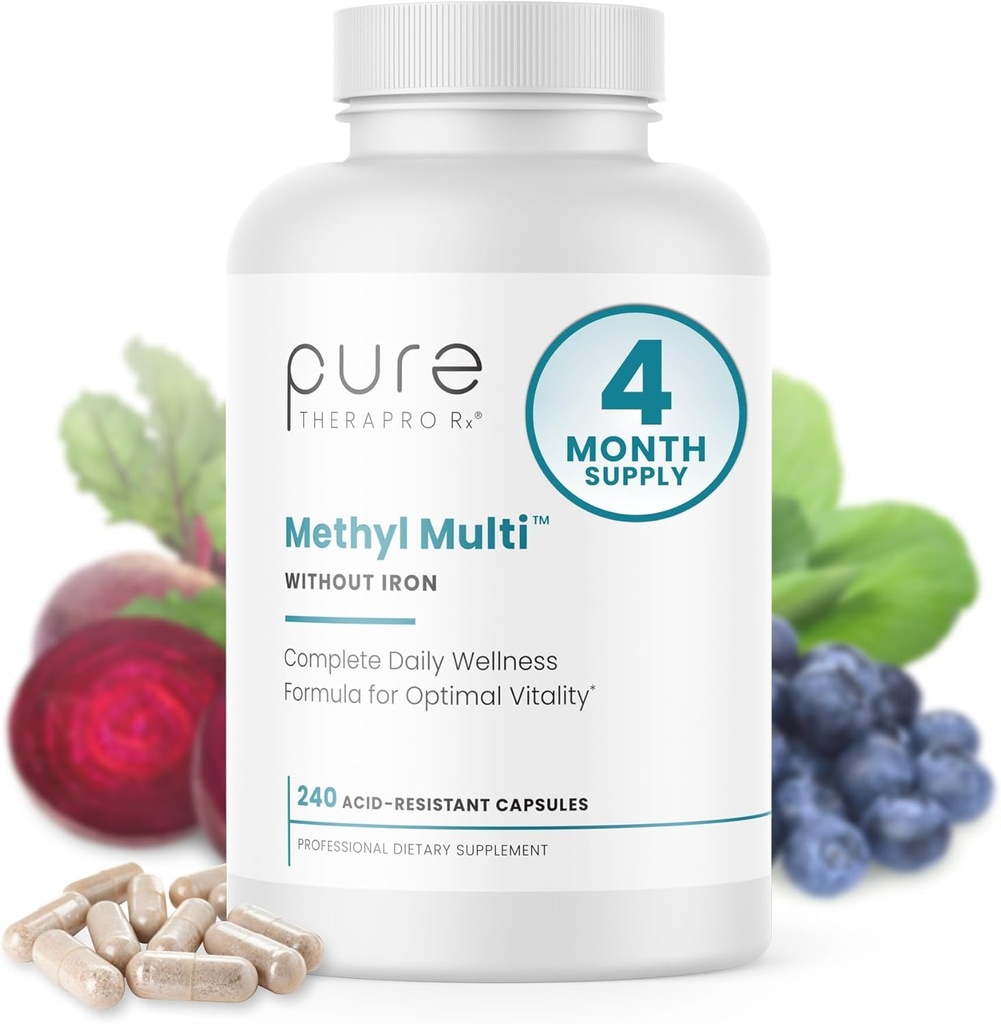 Pura Therapro Rx Methylated Multivitamin for Hombre and Women ← Methyl Multi Sin Hierro + Metil B12 &amp; Methylfolate ANTE Pharma Grade ← 240 Capsules, 4 meses de suministro