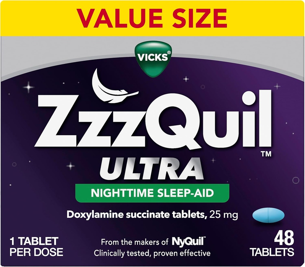 ZzzQuil ULTRA, Sleep Aid, Doxylamine Succinate 25mg, Sleep Aids for Adults, Nighttime Sleep Aid, 48 Tablets