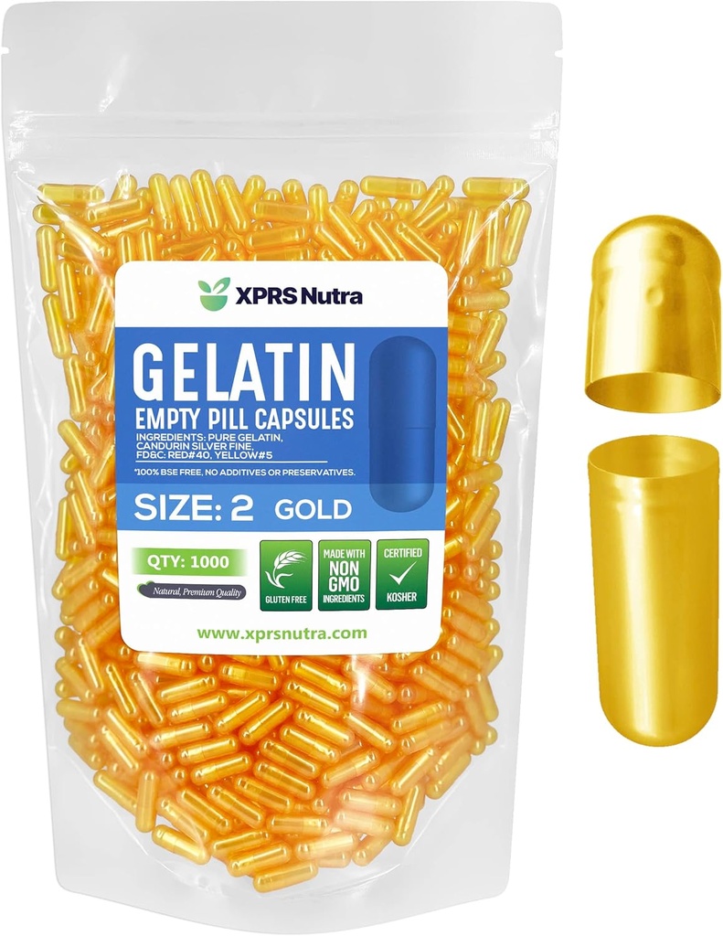 XPRS Nutra Size 2 Empty Capsules - 1000 Count Empty Gelatin Capsules - Pills DIY Capsule Filling - Pure Bovine Pill Gel Caps for Do-It-Yourself Supplements (Gold)