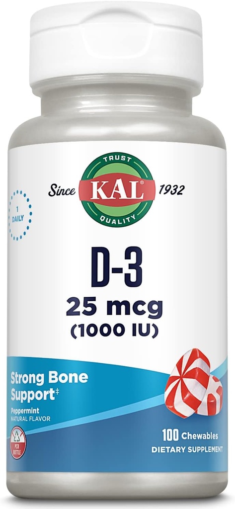KAL Vitamin D3 1000 IU 25 mcg, Vitamin D Chewables, Calcium Absorption, Bone Health and Immune Support Supplement, Natural Peppermint Flavor, Sweetened with Xylitol, 100 Servings, 100 Chews