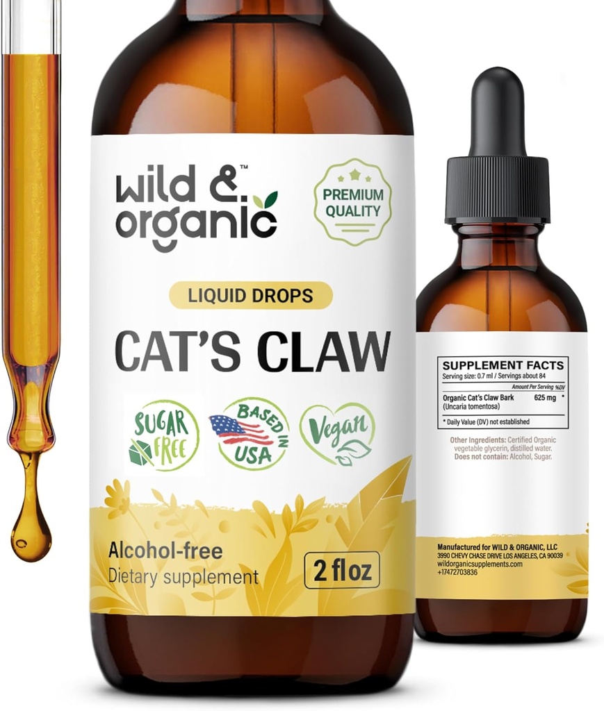 Wild & Organic Cats Claw Tincture - Immune Support Supplement - Liquid Cats Claw Supplement - Vegan, Sugar & Alcohol-Free Bark Extract Drops - 2 fl oz