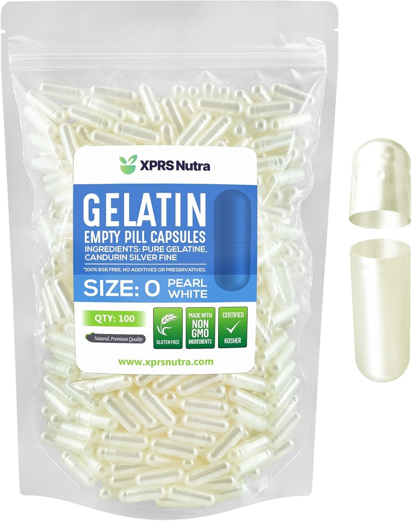 XPRS Nutra Size 0 Empty Capsules - 500 Count Empty Gelatin Capsules - Pills DIY Capsule Filling - Pure Bovine Pill Gel Caps for Do-It-youself Supplements (Pearl White)