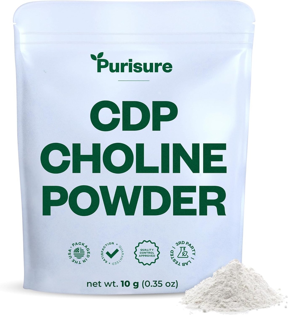 Purisure CDP Choline Powder, 10g, CDP Choline Supplements That Support Atención, Focus, y Energía, Citicoline Powder for Cognitive Function, Increases Motivation and Productivity, 40 Servings
