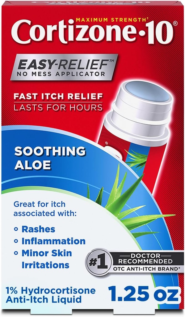 Cortizone-10 Maximum Strength Soothing Aloe Itch Relief No Mess Applicator, 1% Hydrocortisone, Fast-Acting, Anti-Itch Liquid for Bug Bites, Rash, Eczema, Psoriasis, Poison Ivy, Oak & Sumac, 1.25 fl oz