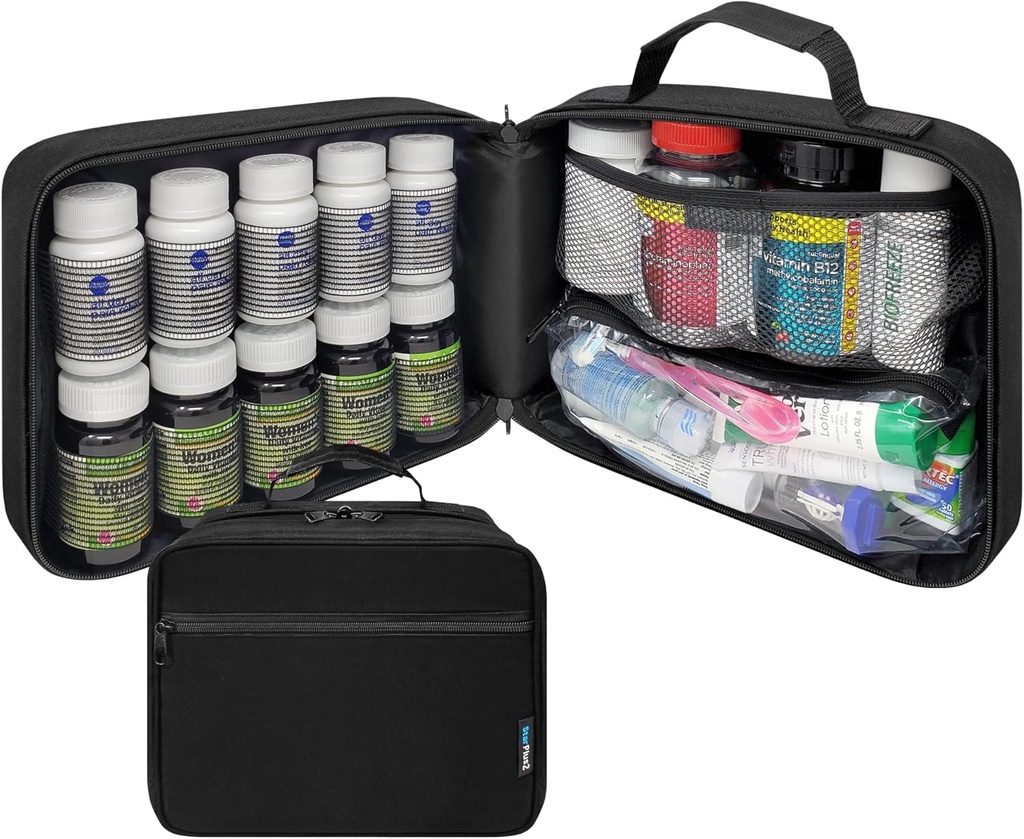 Organizador de botellas de gran tamaño, bolsa de medicina, portador de medicamentos, vitaminas y suministros médicos - Organizador de medicina de viaje y bolsa de memoria de almacenamiento con bandas elásticas - Negro (sin bloqueo)