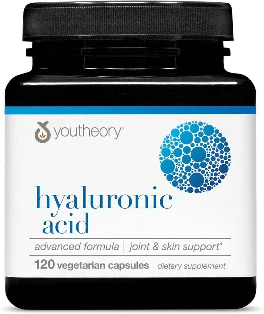 Youtheory Hyaluronic Acid Advanced Formula - Suplemento de soporte conjunto con Boswellia Extract* - Suplemento de salud de la piel - Dairy, Soy & Gluten Gratis - 120 cápsulas vegetarianas