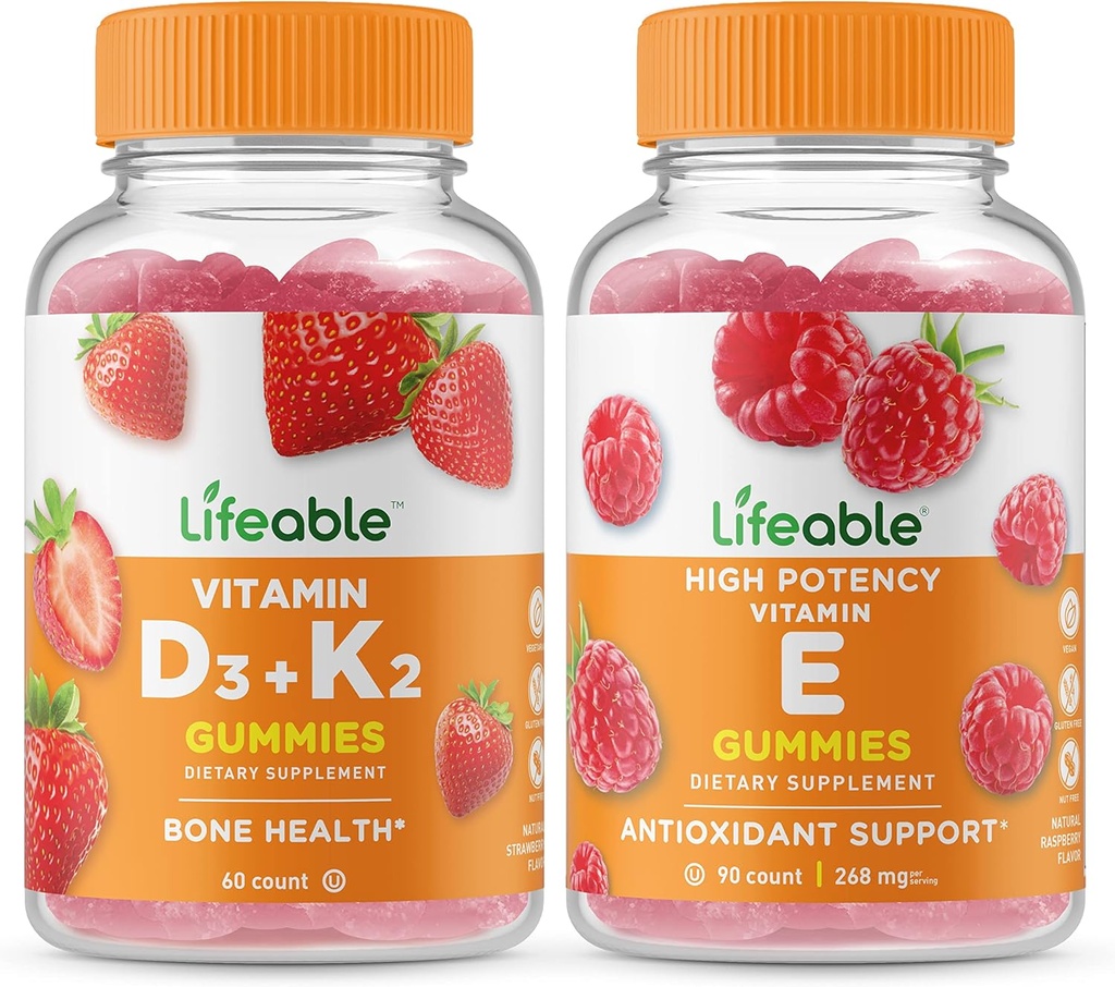 Vitamina D3 + Vitamina K2 + Vitamina E, Gummies Bundle - Gran Tasting, Suplemento de Vitamina, Gluten Gratis, GMO Gratis, Chewable Gummy