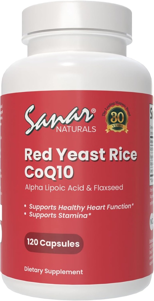 Sanar Naturales Rice de levadura roja, Suplemento CoQ10 - Apoyos Función sana del corazón, energía y resistencia - No GMO, Gluten Gratis, Vegan, 120 cápsulas