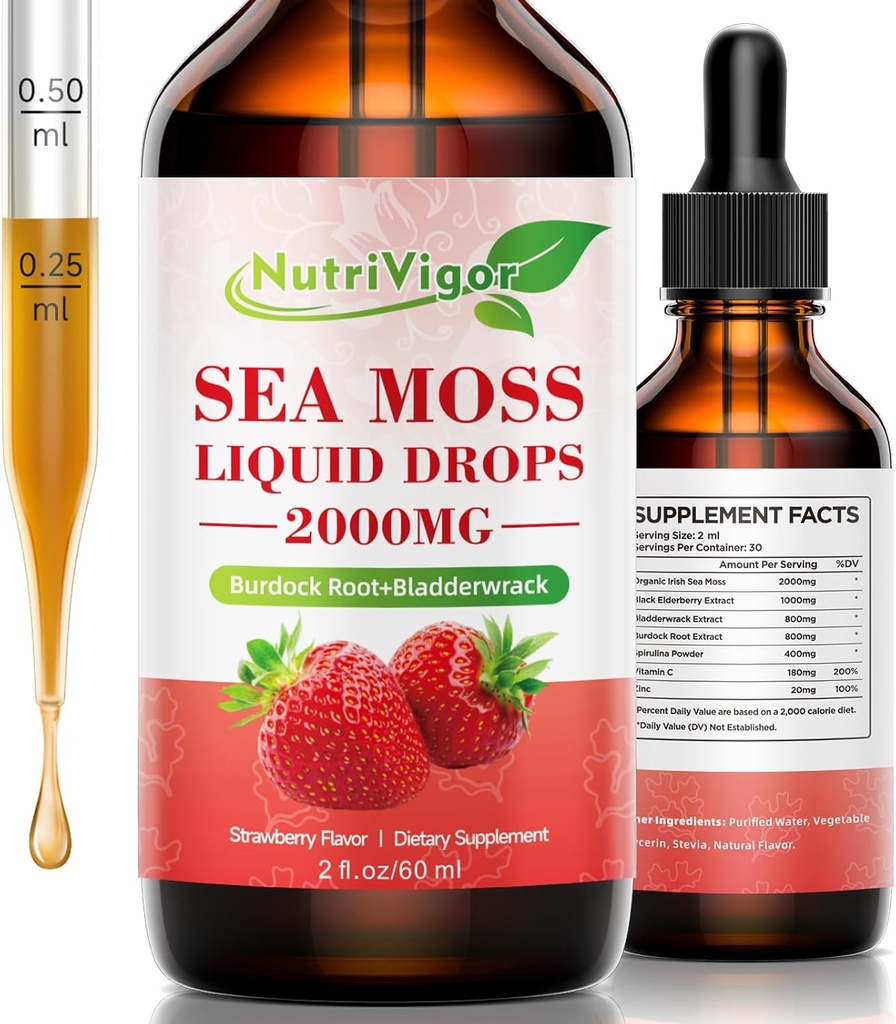 Sea Moss Liquid Drops - 2000mg Irish Sea Moss Suplemento con Burdock Root & Bladderwrack, Qrganic Seamoss Raw for Immunity, Digestive, Joint & Thyroid, Strawberry, 2 Fl. Oz/60 ml