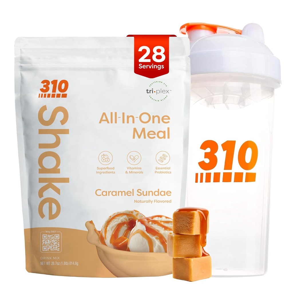 310 Nutrición All-in-One Meal Replacement Shake Powder w / Shaker Cup Starter Kit - High Protein Fiber Rich Vegan Superfood Blend - Sin azúcar, Keto & Paleo Friendly, Low Carb - Caramel Sundae 28 srv