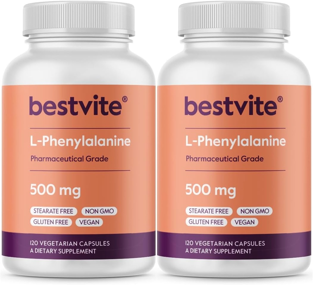 BESTVITE L-Phenylalanine 500mg (240 cápsulas vegetarianas) (2-Pack) - No Stearates - Vegan - Gluten Gratis - No GMO