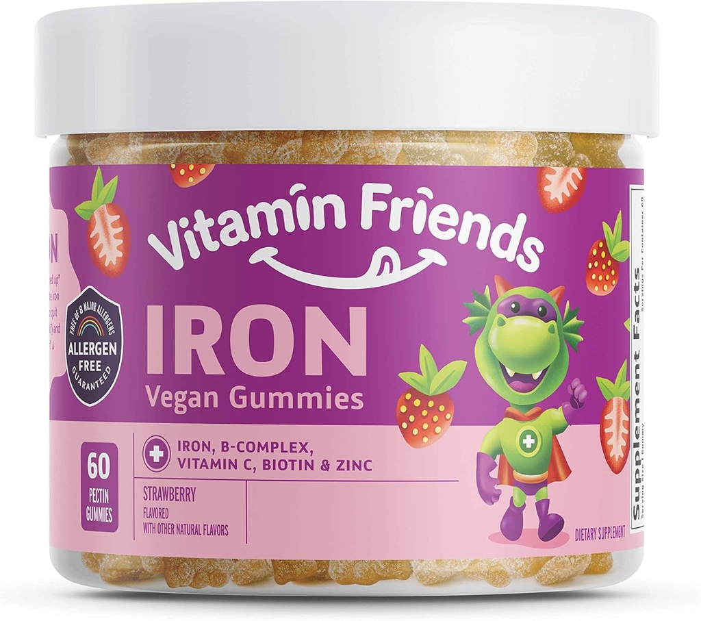 Vitamina Amigos - Hierro multivitamínico vegano para niños - Soporte nutricional diario Gummies w/Ferrous Fumarate B-Complex, Vitamina C, Zinc, Biotina - Función corporal &amp; Anemia - Fresa, (60 Day Supply)