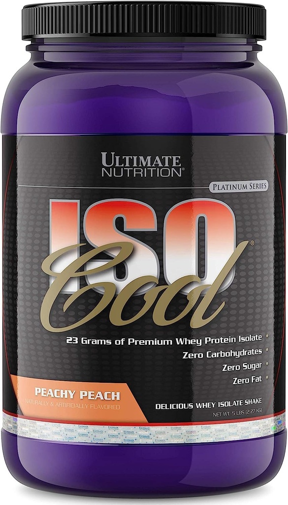 Ultimate Nutrition ISO Cool Whey Protein Isolate Powder, No Fat, No Sugar, Zero Carb Shake con Bcaa, Keto Friendly Post Workout Recovery Drink, 23 Grams Protein per Serving, 2 libras, Peach Parfait