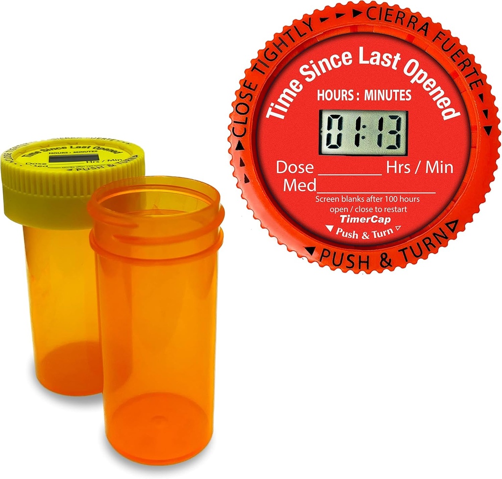 TimerCap Muestra automáticamente el tiempo desde el último abierto - Cierre de fijación Smart Pill Bottle Funda de recordatorio de medicamentos (Qty 2-1.8 oz Amber Bottles) CRC