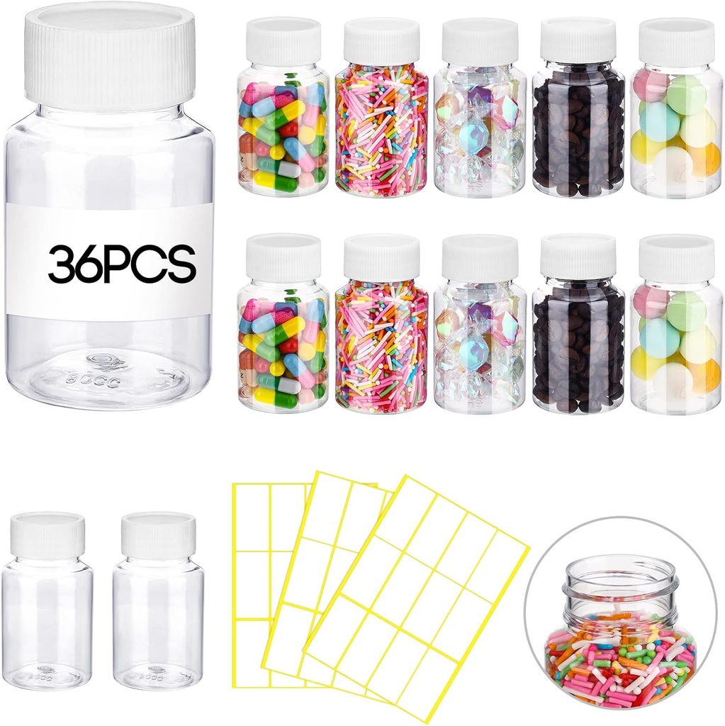 Vesici 36 Pcs 80 ml Borrar Botella de Pill Medicina Plástico Empty Reagent Botella con Caja de Polvo Sólido Funda de Polvo Sólido Refillable Containers with Label Sticker for Liquid Solid Powder Medicine