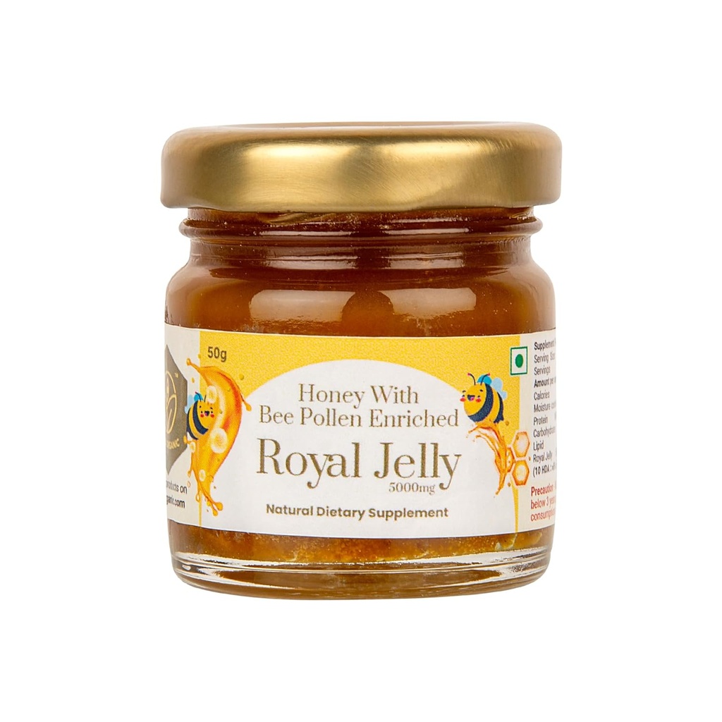 Shiva Miel Orgánica con Pollo de abeja Enriquecido 2% Royal Jelly (50g) - Fuente Orgánica Premium - Miel cruda sin alteración con la Real Infusión de jalea para el bienestar holístico