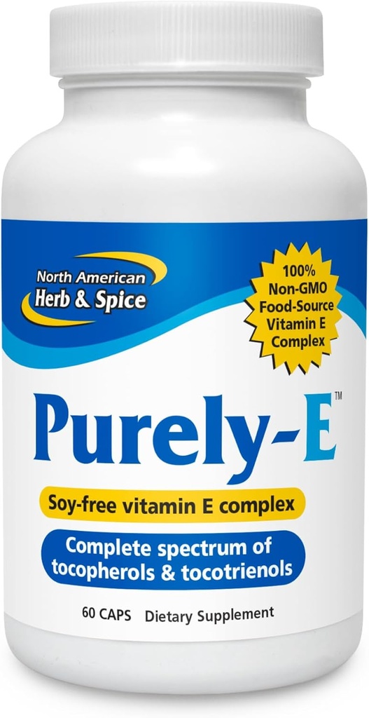 NORTH AMERICAN HERB &amp; SPICE Purely-E - 60 cápsulas - Soportes Saludable pelo, piel & uñas - Complejo de vitamina E libre de soja del aceite de girasol, semillas de calabaza &amp; aceite de palma roja africana - No GMO - 60 piezas