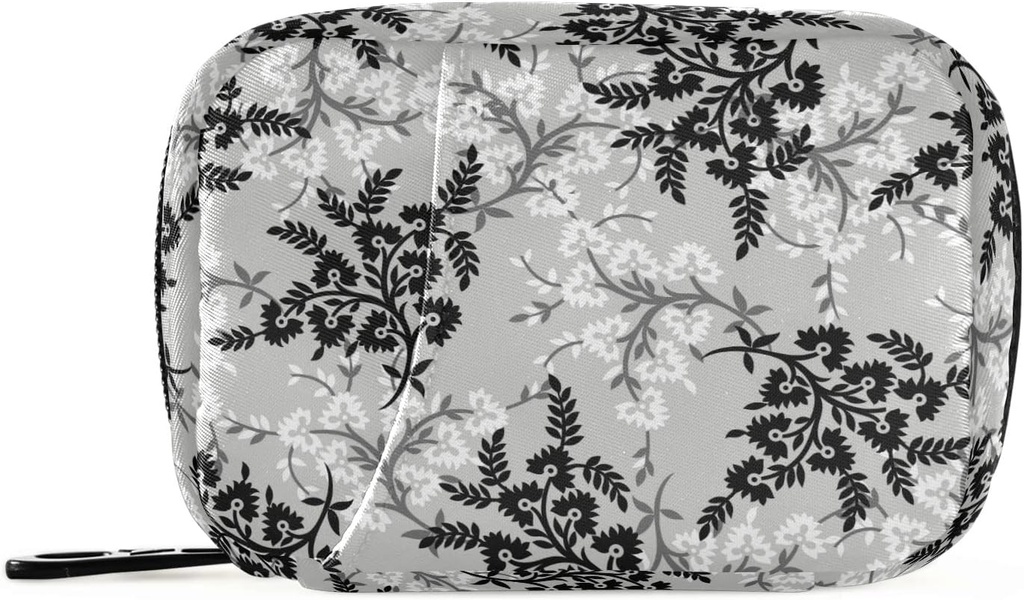 xigua Pill Organizer 7-Day Travel Pill Box Bag Negro &amp; Gris Small Flowers Pattern Daily Pill Case with Zipper Portable Suitable,Vitamin Supplement Holder