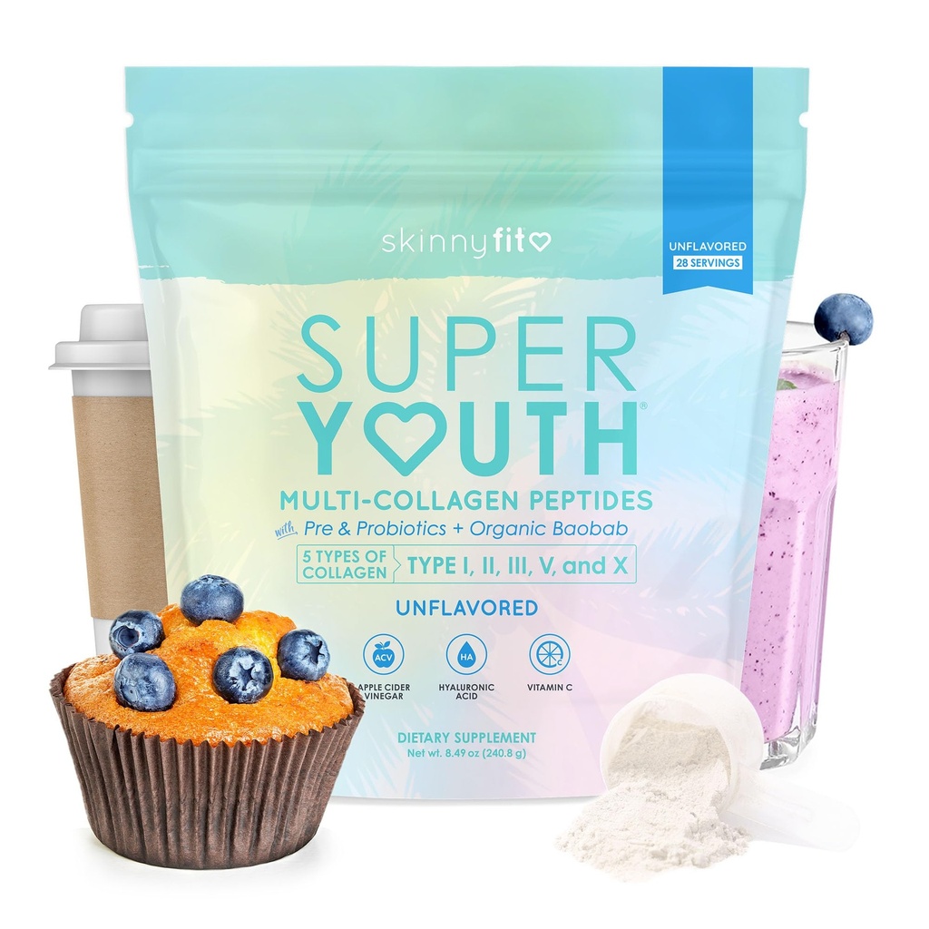 SkinnyFit - Super Youth Collagen for Women - Multi Collagen Peptides Polvo - Probióticos, Fibra, Ácido Hialurónico - No GMO, Gluten Gratis, Azúcar Libre - Belleza &amp; Self Care - Unflavored (28 Servings)
