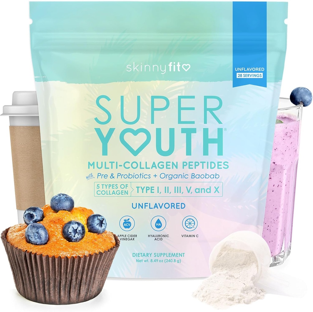 SkinnyFit - Super Youth Collagen for Women - Multi Collagen Peptides Polvo - Probióticos, Fibra, Ácido Hialurónico - No GMO, Gluten Gratis, Azúcar Libre - Belleza &amp; Self Care - Unflavored (28 Servings)