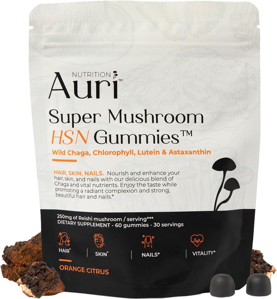 Auri Super Mushroom HSN Gummies - Peluquería y uñas Gummies Mushrooms funcionales Suplemento - con Chaga salvaje, Clorophyll, Lutein y Astaxanthin - 60 Orange Citrus Gummies