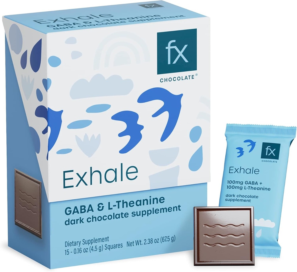 Fx Chocolate Exhale - Relajando suplemento de chocolate para soportar la calma + estrés Respuesta - Azúcar Cacao gratis con 100 mg GABA + 100 mg L-Theanine - Keto Dark Chocolate - Vegan + Non-GMO (Box de 15)