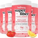 Bellway Super Fiber Powder + Collagen (4 Pack), Azúcar libre Psyllium Husk Polvo con péptidos Collagen para Gut Health, Esquí saludable, uñas, bonificaciones, limonadas de fresa (45.84 oz)