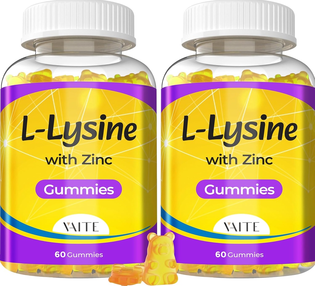 L Lysine Gummies 1000mg con Zinc - Soportes Skin, Lip, Vegan, Gluten Gratis, 60 Chewable L-Lysine para Adultos, Vitaminas Tissue Health & Immune System, Amino Acid & Complex Supplements, Non-GMO(2Pack)
