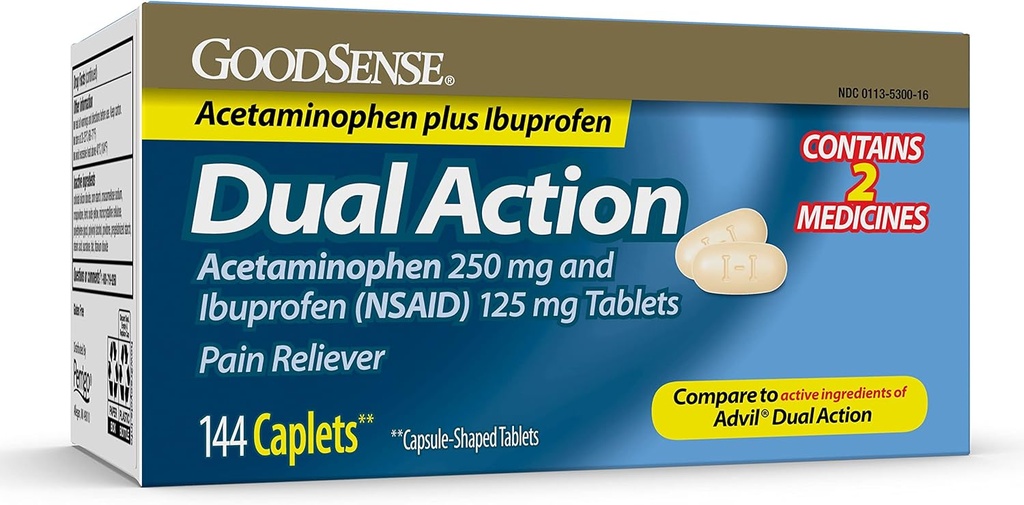GoodSense Dual Action Acetaminophen 250 mg and Ibuprofen (NSAID) 125 mg Tablets, Pain Reliever for Headache Relief, Arthritis Pain Relief and More, 144 Count