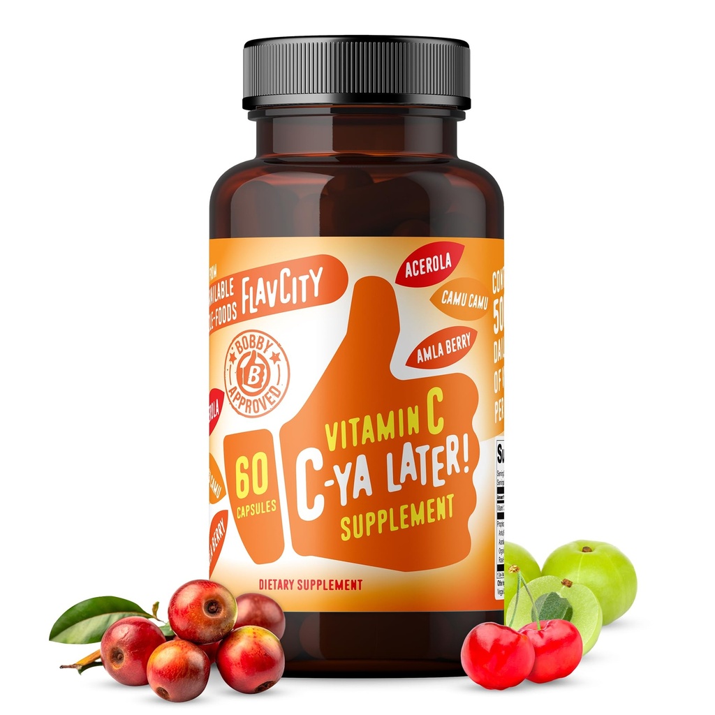 FlavCity Vitamin C Supplement, C-Ya Later! Superfood-Derived Immunity Support - Bioavailable Vitamina C Immune Support from Acerola Cherry, Rose HIPS &amp; Camu Camu - 500% Daily Value (60 Capsules)