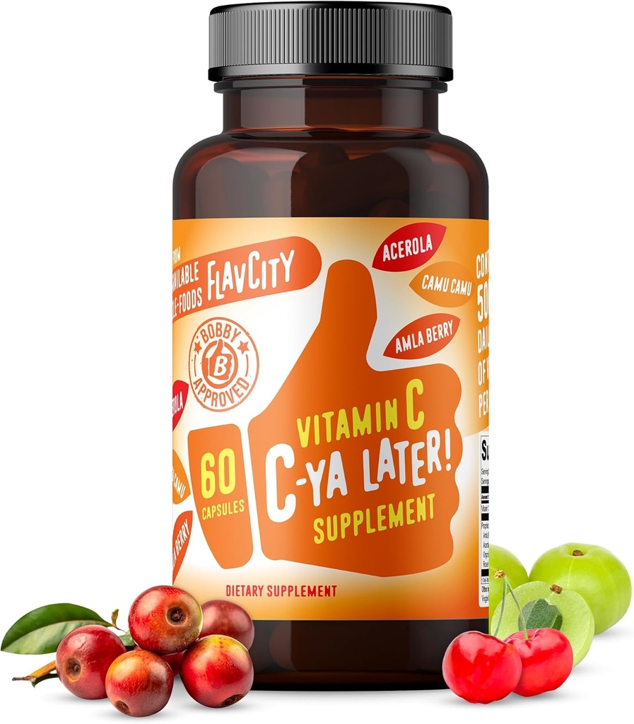 FlavCity Vitamin C Supplement, C-Ya Later! Superfood-Derived Immunity Support - Bioavailable Vitamina C Immune Support from Acerola Cherry, Rose HIPS &amp; Camu Camu - 500% Daily Value (60 Capsules)